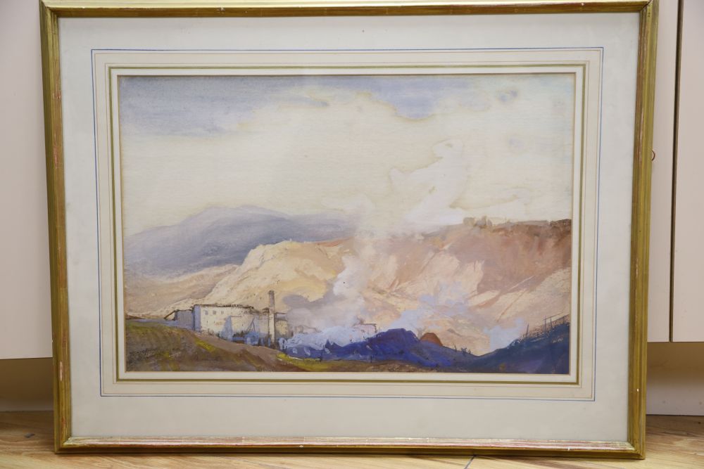Cecil Arthur Hunt (1873-1965), watercolour and bodycolour, Mountain landscape with factory town, signed, 37 x 56cm